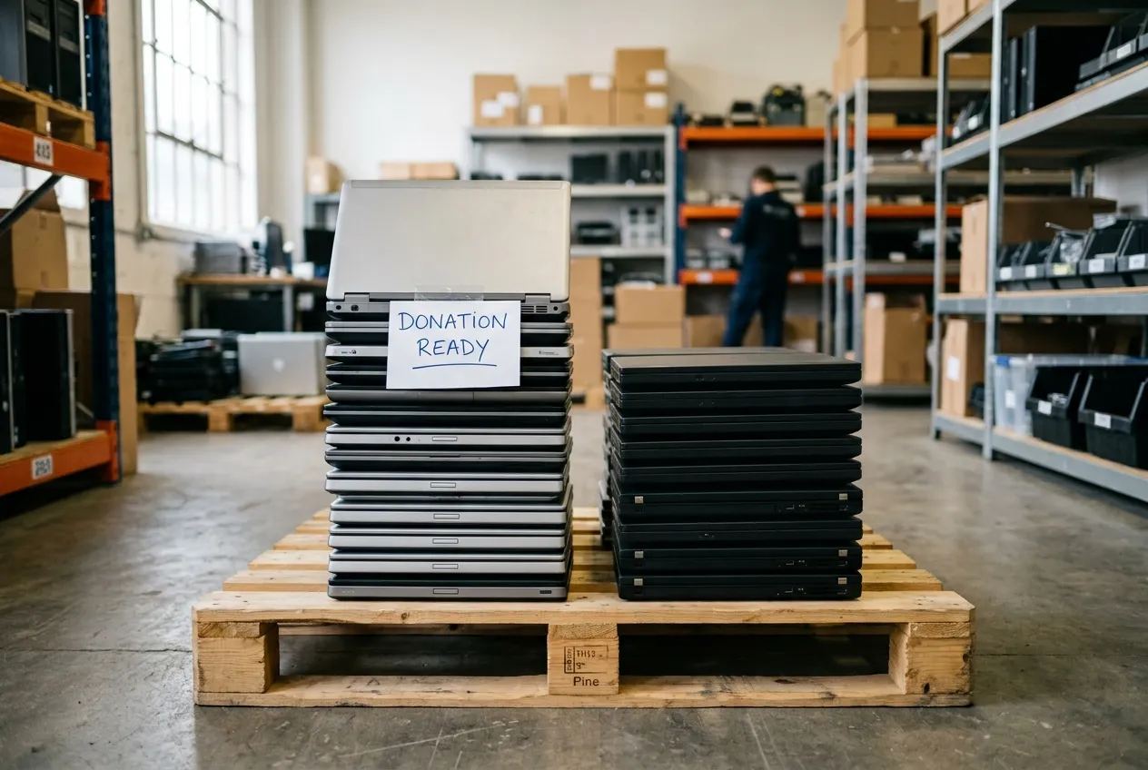 Two stacks of laptops on a pallet, ready to be donated