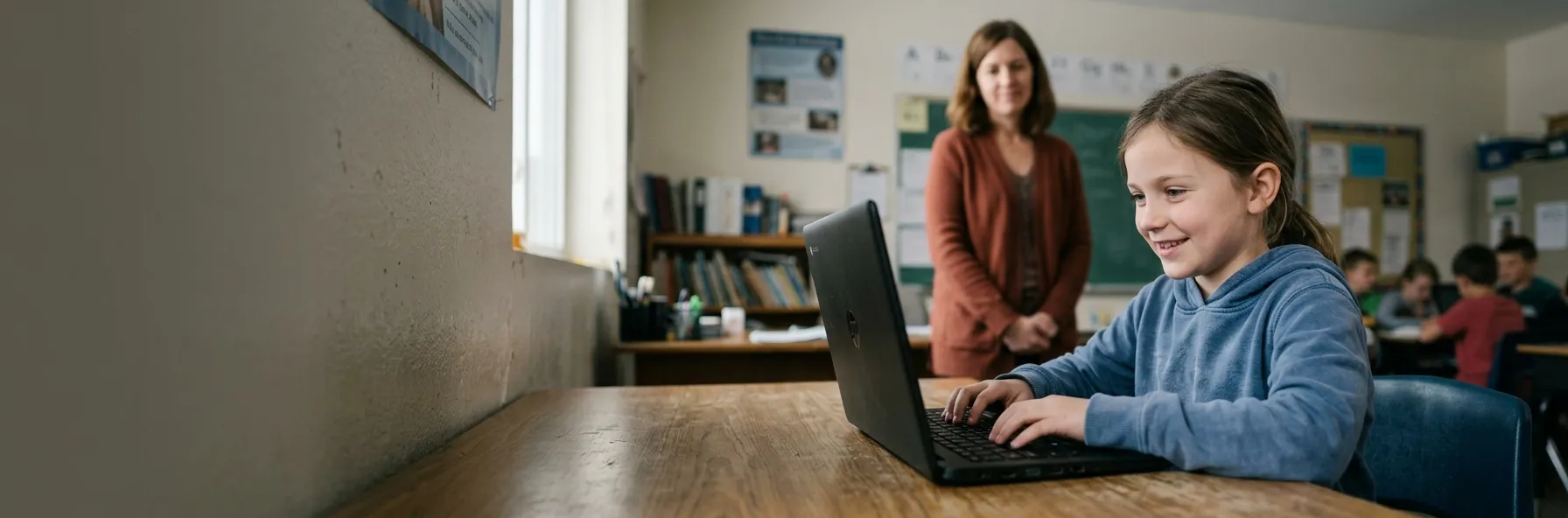 A student smiling while using a donated laptop in her classroom